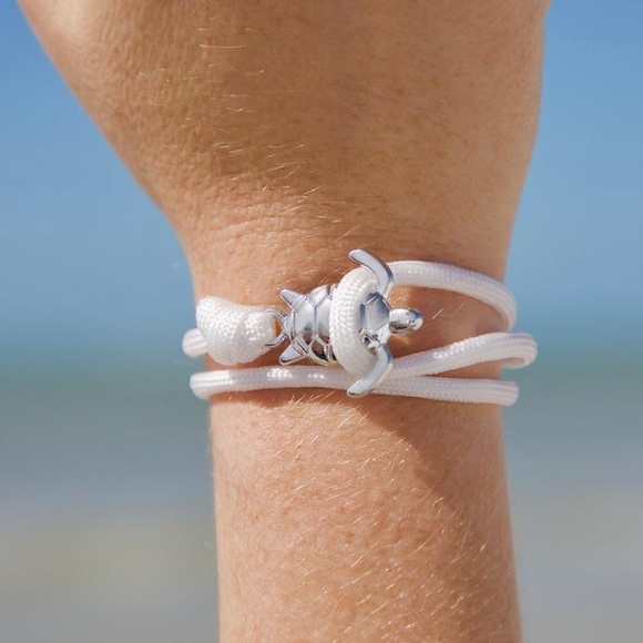 NWT 🏝🐢 ECO-FRIENDLY SILVER ALLOY SEA TURTLE WHITE STRETCH ROPE BEACH BRACELET - Picture 4 of 7